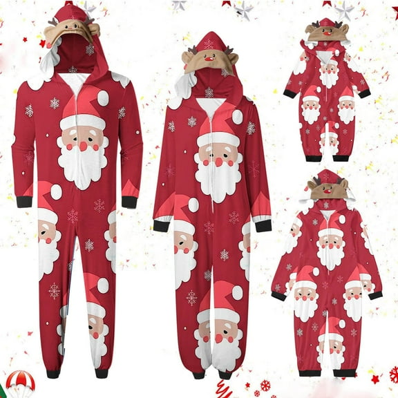 Meichang Family Matching Christmas Onesie Hooded Long Sleeve Romper Pajama Set Holiday Print Matching Family Sleepwear