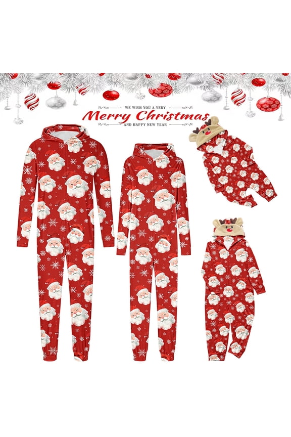 Family Matching Christmas Onesie Hooded Long Sleeve Romper Pajama Set with Holiday Print Matching Family Sleepwear