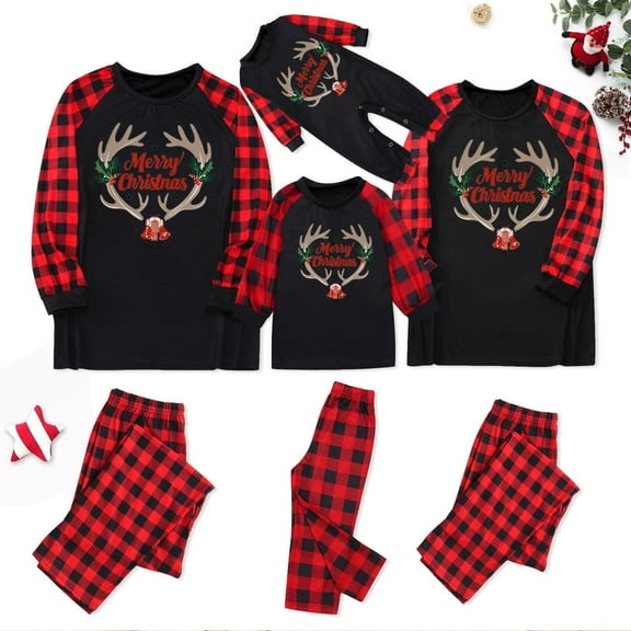 Meichang Family Matching Pajamas Christmas 2-Piece Pajama Set Long Sleeve Top with Plaid Pants Holiday Print Cozy