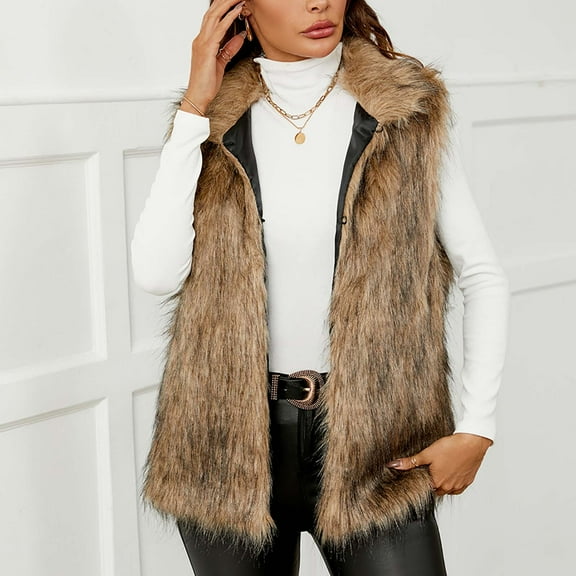 Meichang Faux Fur Vest Women Sleeveless Lapel Warm Short Coat Soft Shaggy Open Front Fleece Vest Outwear Winter Faux Fur Waistcoat Brown L