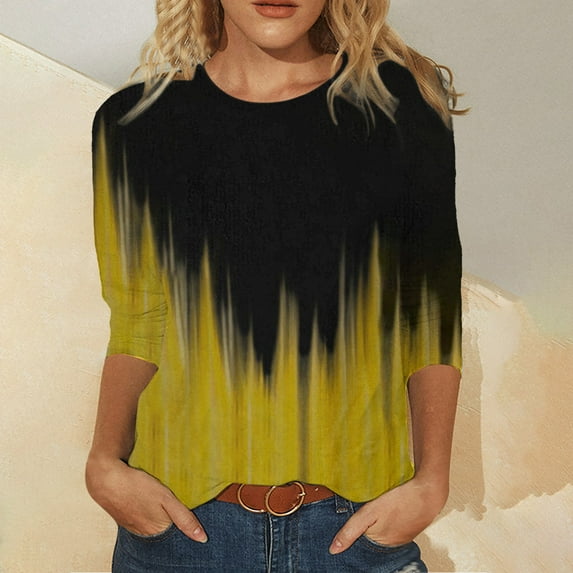 Meichang Flame Print Blouses for Women Casual Trendy 3/4 Sleeve Blouses Round Neck Elegant Tunic Tee Flowy Shirts