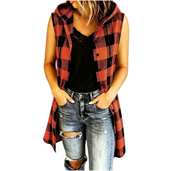 Meichang Flannel Long Vest for Women Hooded Drawstring Button Down Plaid Sleeveless Jacket Fall Winter Long Vest Jackets