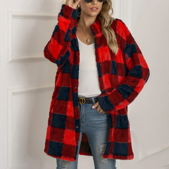 Meichang Fleece Jacket for Women Long Plaid Jacket Casual Button Down Coat Lapel Long Sleeve Outerwear with Pocket Fall