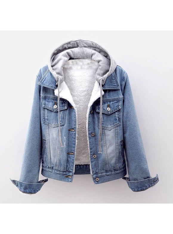 Fleece Lined Denim Jacket Women Oversized Winter Jean Jacket Hooded Long Sleeve Trucker Jacket Coat Slim Cropped Coats