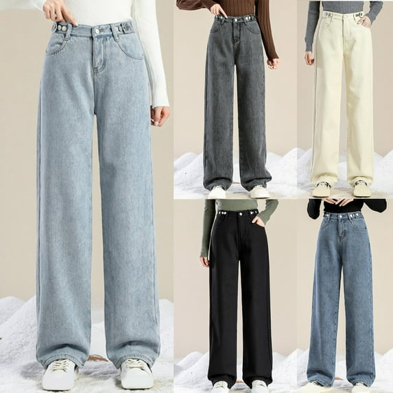 Meichang Fleece Lined Denim Pant Women High Waisted Straight Leg Wide Leg Pant Jeans Winter Thermal Warm Denim Pants