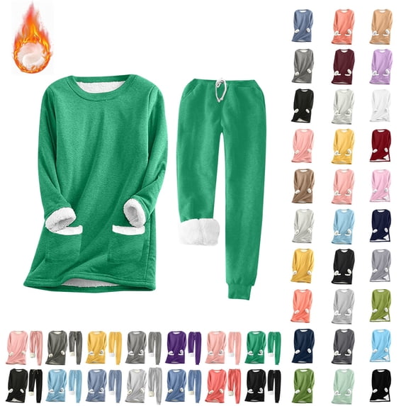 Meichang Fleece Pajamas for Women 2-Piece Sets Tracksuits for Women Set Warm Fleece Sherpa Lined Crewneck Sweatshirt with Pockets and Sweatpant Sweatsuit Sets Loungewear