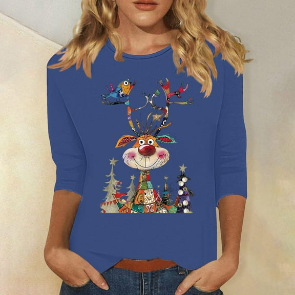 Meichang Funny Christmas Shirts Women Xmas Reindeer Print 3/4 Length Sleeve Tops Casual Crew Neck Loose Fit Womens Christmas T Shirts
