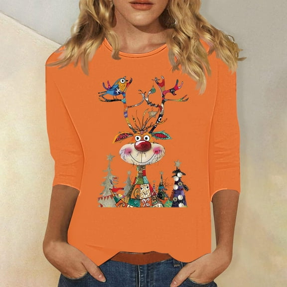 Meichang Funny Christmas Shirts Women Xmas Reindeer Print 3/4 Length Sleeve Tops Casual Crew Neck Loose Fit Womens Christmas T Shirts