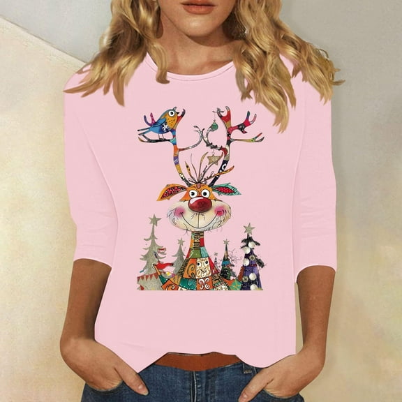 Meichang Funny Christmas Shirts Women Xmas Reindeer Print 3/4 Length Sleeve Tops Casual Crew Neck Loose Fit Womens Christmas T Shirts