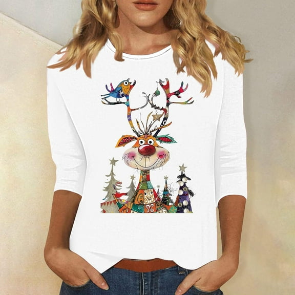 Meichang Funny Christmas Shirts Women Xmas Reindeer Print 3/4 Length Sleeve Tops Casual Crew Neck Loose Fit Womens Christmas T Shirts