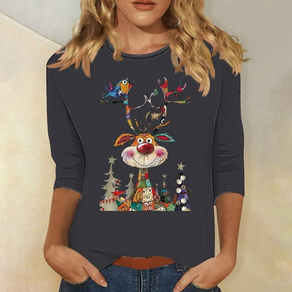 Meichang Funny Christmas Shirts Women Xmas Reindeer Print 3/4 Length Sleeve Tops Casual Crew Neck Loose Fit Womens Christmas T Shirts