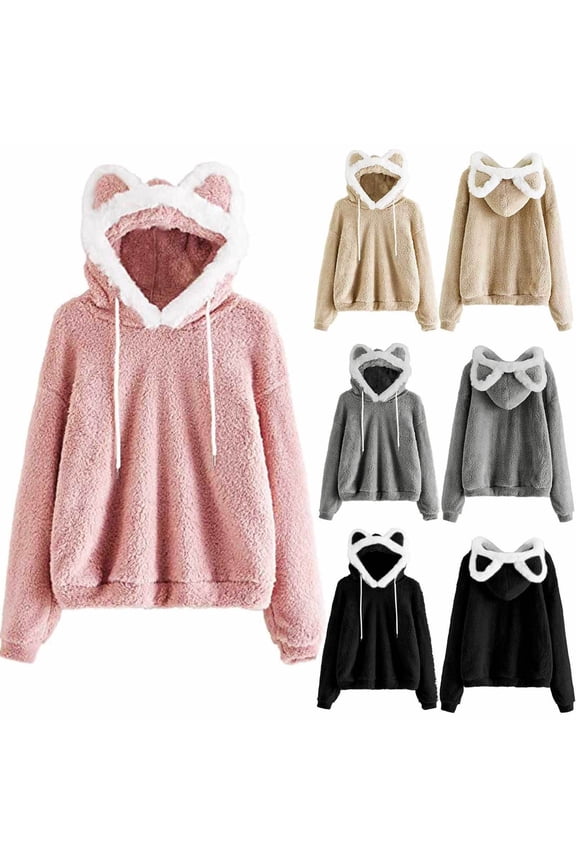 Fuzzy Cropped Hoodies for Women Cute Cat Ear Hooded Sherpa Fleece Pullover Sweatshirt Winter Warm Long Sleeve Oversized Hoodies