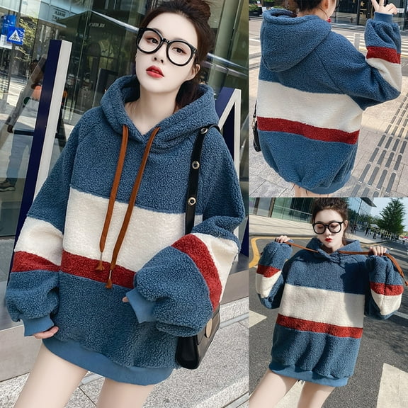 Meichang Fuzzy Fleece Hoodie for Women Oversized Color Block Stripe Hooded Sweatshirt Winter Thicken Warm Long Sleeve Pullover Hoodies