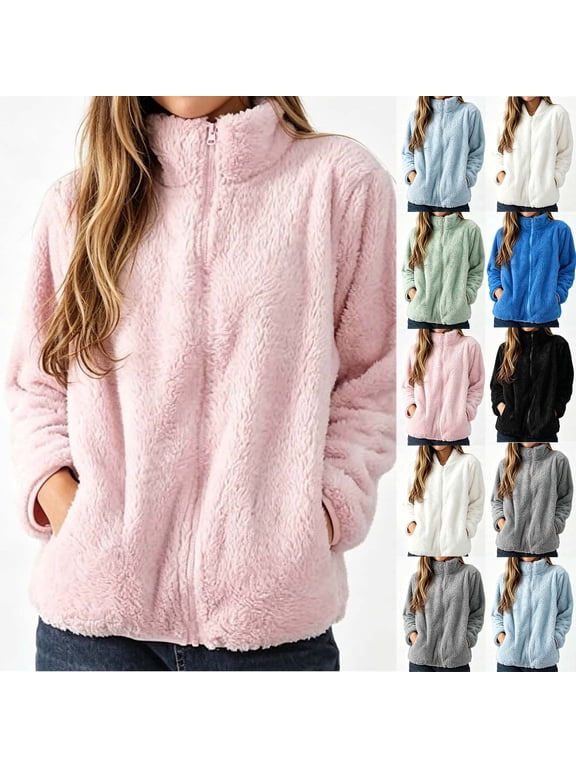Fuzzy Fleece Jackets for Women Soft Winter Coat Full Zip Stand Collared Long Sleeve Sherpa Jacket Fluffy Plush Warm Outerwear with Pockets