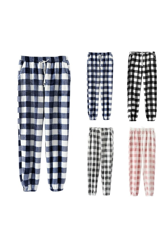 Fuzzy Pajama Pants for Women Flannel Pajama Pants Plaid Pajama Bottoms Warm Fleece Pajama Lounge Pants Sleepwear Cinch Bottom Pants with Drawstring
