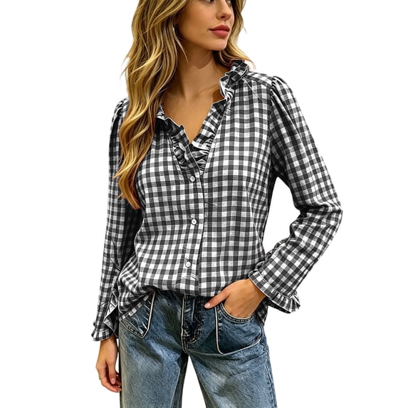 Meichang Gingham Shirt for Women Button Down Plaid Shirts Dressy Casual Ruffle V Neck Long Sleeve Work Blouse Tops