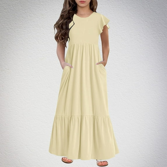 Meichang Girls' Casual Maxi Dresses Basic Short Sleeve Crew Neck Tiered Dress with Pockets Swing Summer Dresses for 6-12Y