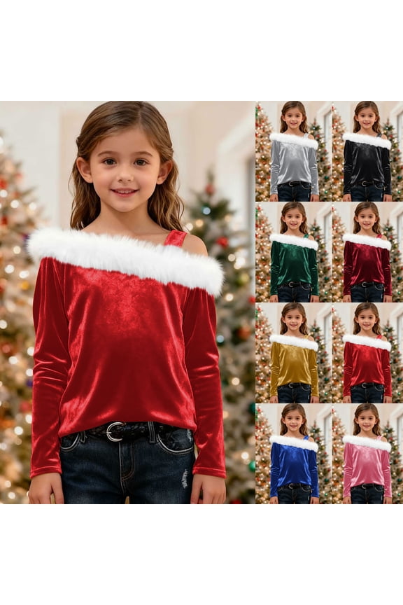 Girls Christmas Off The Shoulder Tops Velvet Shirt Long Sleeve Faux Fur Trim Irregular Pullover Fashion Cute Top Vintage Velour Shirts