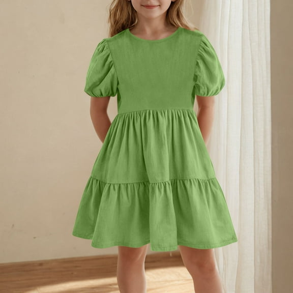 Meichang Girls Dresses Kids Summer Puff Short Sleeve Crew Neck Tiered Dress Cute Beach Flowy Mini Dresses Casual Solid Loose Fit A-Line Party Dress