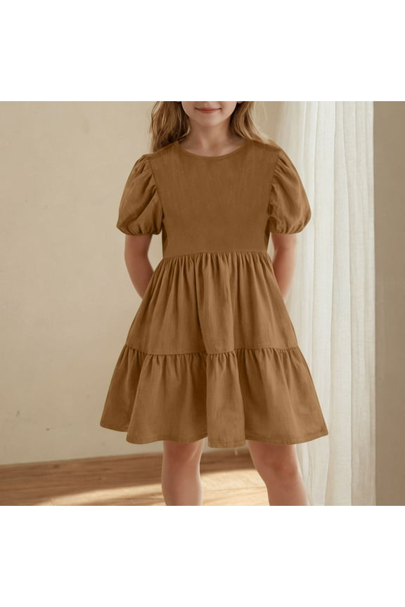 Girls Dresses Kids Summer Puff Short Sleeve Crew Neck Tiered Dress Cute Beach Flowy Mini Dresses Casual Solid Loose Fit A-Line Party Dress
