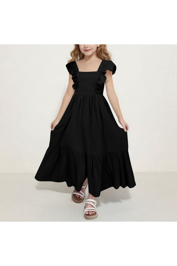 Girls' Dresses Ruffle Flutter Sleeve Square Neck Summer Maxi Dresses Casual Tie Back A-Line Ruffle Tiered Dresses Kids Swing Princess Dress