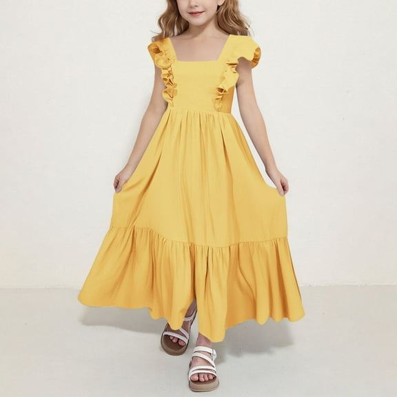 Meichang Girls' Dresses Ruffle Flutter Sleeve Square Neck Summer Maxi Dresses Casual Tie Back A-Line Ruffle Tiered Dresses Kids Swing Princess Dress