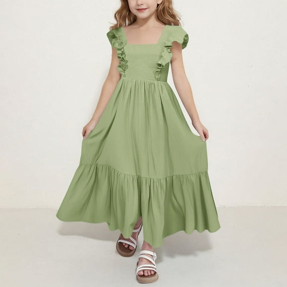 Meichang Girls' Dresses Ruffle Flutter Sleeve Square Neck Summer Maxi Dresses Casual Tie Back A-Line Ruffle Tiered Dresses Kids Swing Princess Dress