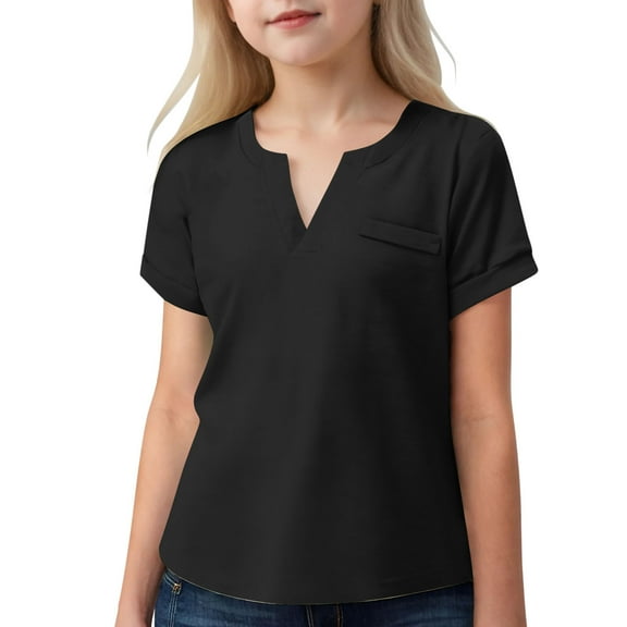 Meichang Girls Shirts Notch V Neck Basic Tees Casual Short Sleeve Tops Solid Loose Fit Comfy T Shirts Summer Clothes Black 9 Years