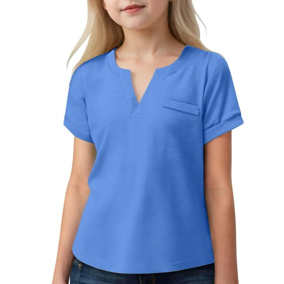 Meichang Girls Shirts Notch V Neck Basic Tees Casual Short Sleeve Tops Solid Loose Fit Comfy T Shirts Summer Clothes Blue 4 Years