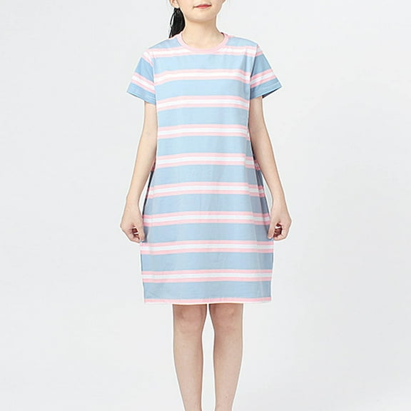 Meichang Girls Striped Dresses Summer Short Sleeve Crew Neck Tshirt Dress Casual Loose Fit Midi Dresses