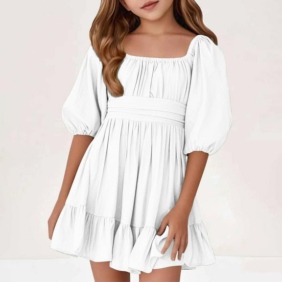 Meichang Girls Summer Dress Kids Square Neck Puff Sleeve A-Line Smocked Mini Dresses Flowy Swing Pleated Ruffle Hem Short Dress Kids Girls Party Dresses