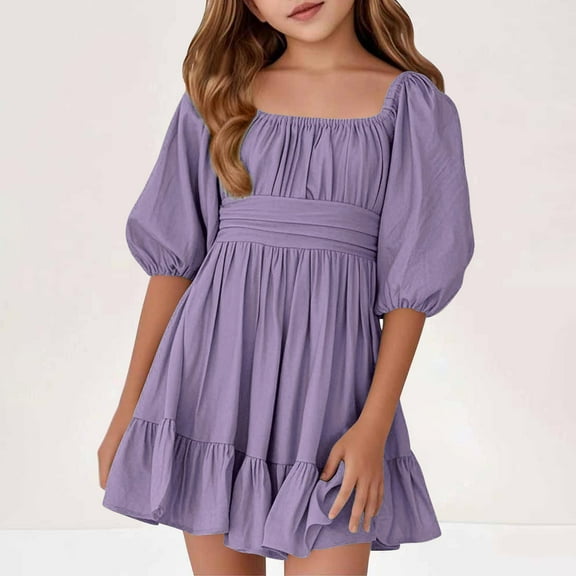 Meichang Girls Summer Dress Kids Square Neck Puff Sleeve A-Line Smocked Mini Dresses Flowy Swing Pleated Ruffle Hem Short Dress Kids Girls Party Dresses