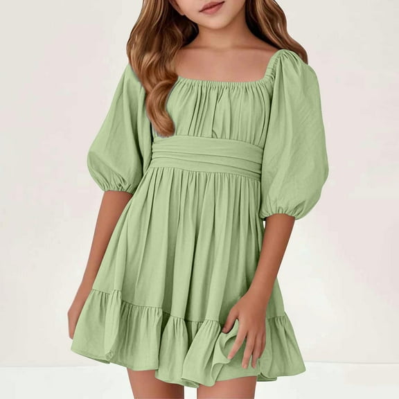 Meichang Girls Summer Dress Kids Square Neck Puff Sleeve A-Line Smocked Mini Dresses Flowy Swing Pleated Ruffle Hem Short Dress Kids Girls Party Dresses