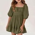 thumbnail image 1 of Meichang Girls Summer Dress Kids Square Neck Puff Sleeve A-Line Smocked Mini Dresses Flowy Swing Pleated Ruffle Hem Short Dress Kids Girls Party Dresses, 1 of 7