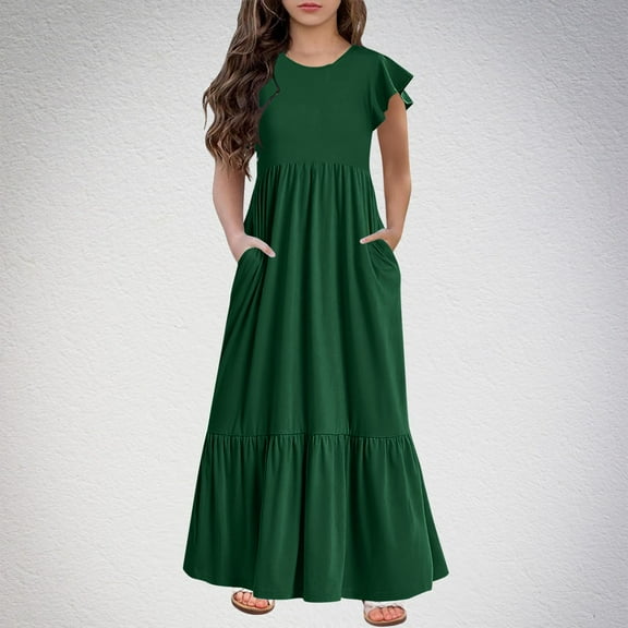 Meichang Girls' Summer Dresses Casual Long Maxi Dresses Kids Short Sleeve Crew Neck Tiered Dress with Pockets Swing Beach Vacation Dress Green 12 Years