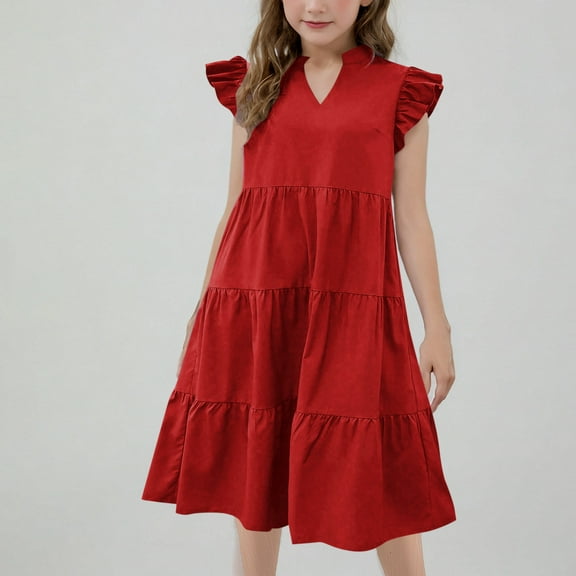 Meichang Girls Summer Dresses Ruffle Sleeve Notch V Neck Tiered Dress Swing Flowy A Line Casual Midi Dress Kids Back to School Sundresses