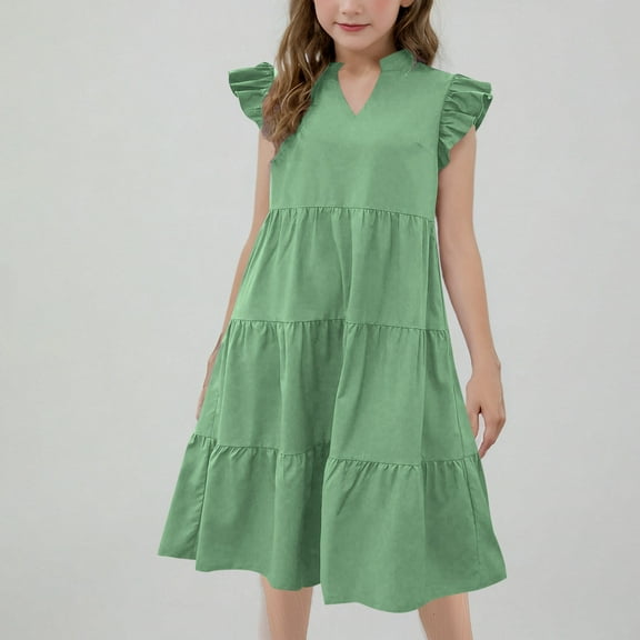Meichang Girls Summer Dresses Ruffle Sleeve Notch V Neck Tiered Dress Swing Flowy A Line Casual Midi Dress Kids Back to School Sundresses