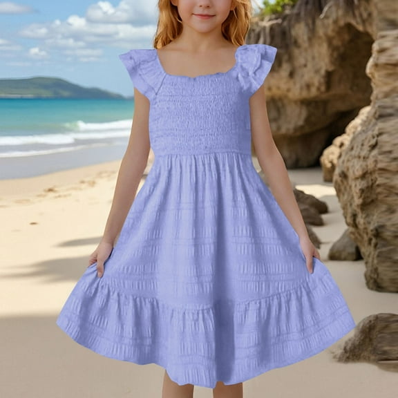 Meichang Girls Summer Sundress Casual Ruffle Sleeve Square Neck Tiered Dresses A-Line Flowy Maxi Dresses Boho Beach Sundresses