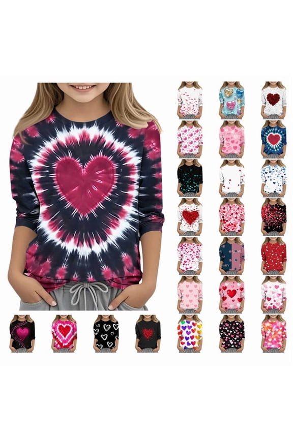 Meichang Girls Valentine Blouses Love Heart Graphic Tops 3/4 Sleeve Crew Neck Romantic Shirts