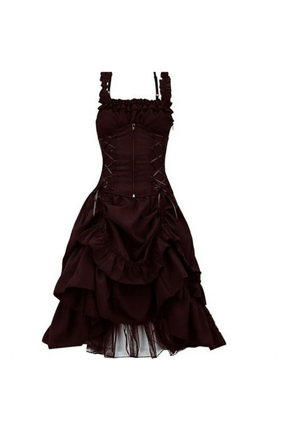 Gothic Dresses for Women with Corset Ruffle Spaghetti Strap Steampunk Dresses Sleeveless Cocktail Party Ball Gown Vintage Renaissance Dress