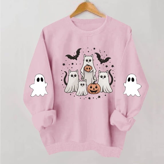 Meichang Halloween Crew Neck Sweatshirt Women Ghost Graphic Sweatshirts Oversized Long Sleeve Pullover Holiday Party Sweatshirt