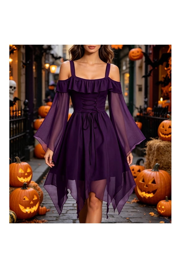 Halloween Dresses for Women Cold Shoulder Mesh Patchwork Gothic Dress Medieval Renaissance Victorian Dress Cocktail Party Gown