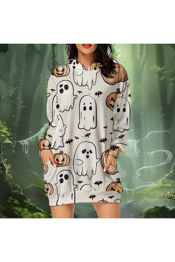 Halloween Hoodie Dress for Women Pumpkin Ghost Graphic Hooded Sweatshirt Dress Fall Casual Long Sleeve Tunic Dress Spooky Holiday Outfit with Pockets