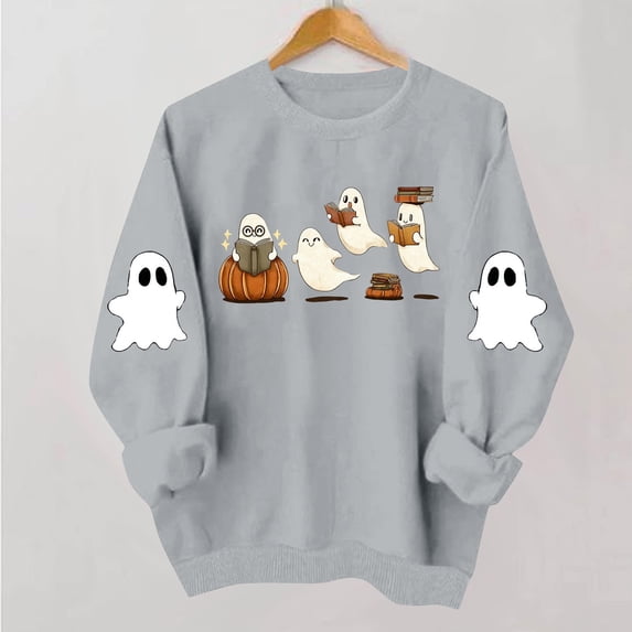 Meichang Halloween Sweatshirt for Women Ghost Graphic Sweatshirts Oversized Long Sleeve Crew Neck Pullover Casual Sweatshirt