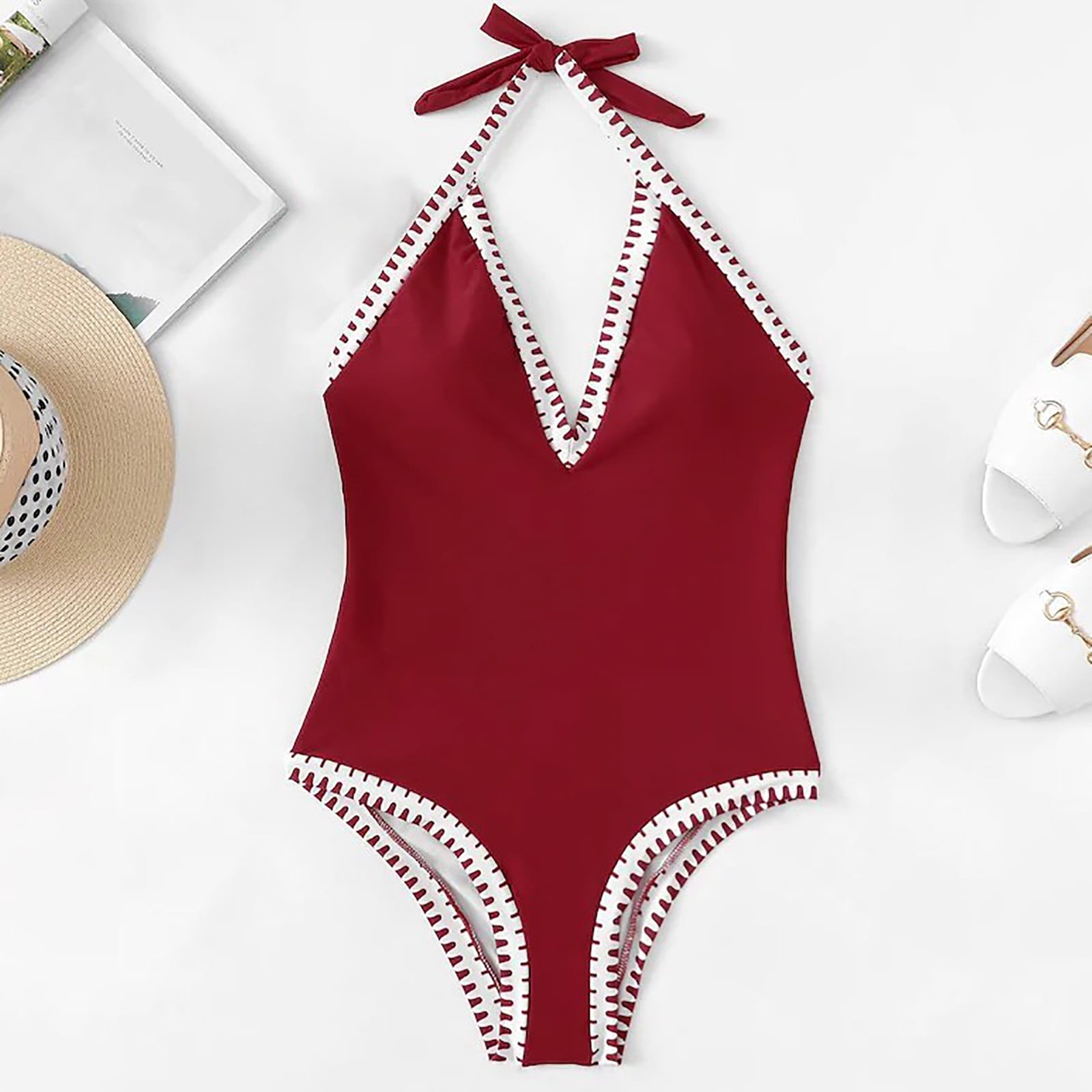 Meichang Halter One Piece Swimsuits for Women Sexy Deep V Neck Bathing Suits Slimming Tummy