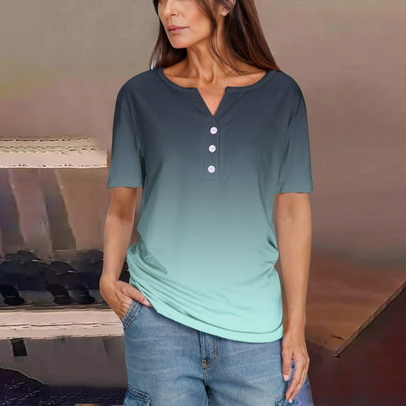 Meichang Henley Shirts for Women Short Sleeve Button V Neck T Shirts Trendy Gradient Loose Summer T Shirts Dressy Casual Work Tops
