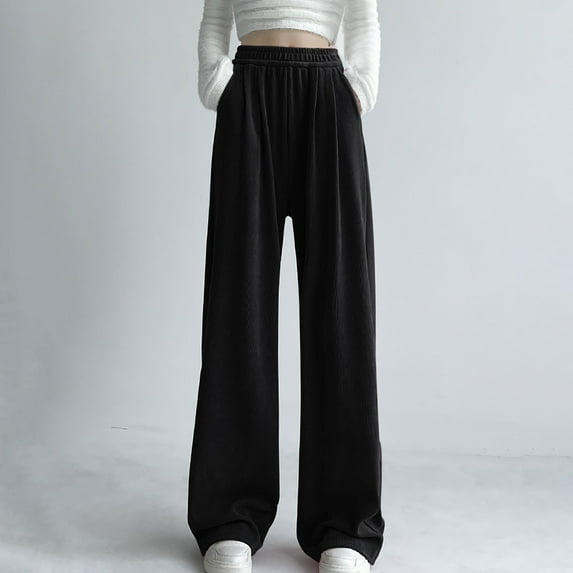 Meichang High Waisted Wide Leg Pants Solid Sweatpants Elastic Waisted Loose Fit Casual Joggers Pants Straight Leg Cropped Trousers Sweater Pants with Pockets Black M