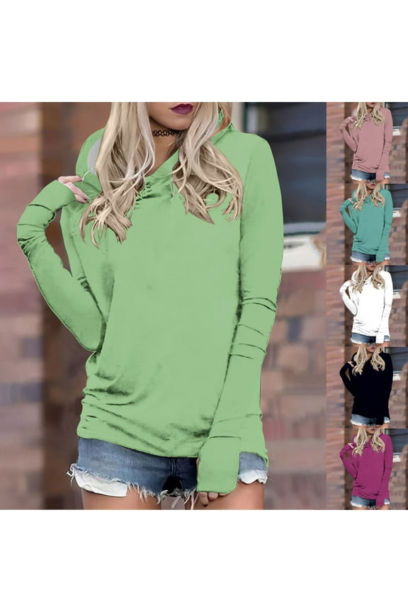Hoodie Women Long Sleeve Casual Pullover Fall Slim Fit Hooded Sweatshirt Solid Comfy Lightweight Hoodies with Thumb Hole