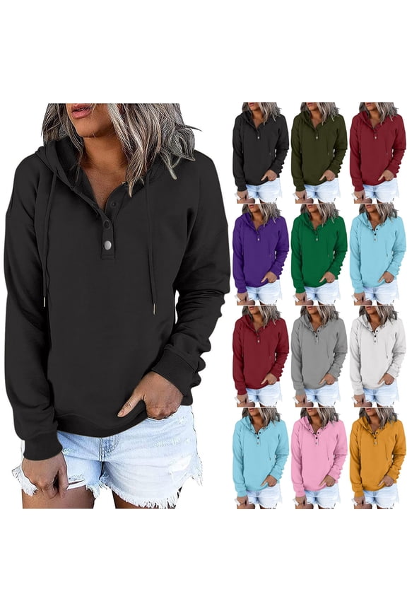 Hoodie for Women Trendy Long Sleeve Quarter Button Collar Drawstring Hooded Pullover Sweatshirt Casual Y2K Hoodie with Pocket