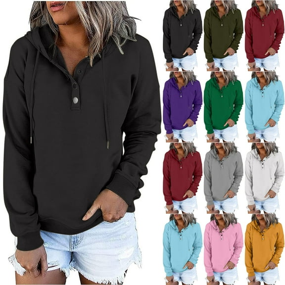 Meichang Hoodie for Women Trendy Long Sleeve Quarter Button Collar Drawstring Hooded Pullover Sweatshirt Casual Y2K Hoodie with Pocket